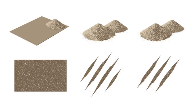 Illustration showing piles of sand on a board, sand piles, a square of sand, and claw marks art