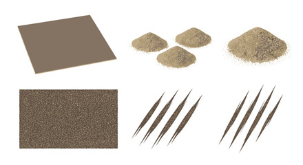 Poster - Still life featuring piles of sand, a square of textured material, and claw mark illustrations