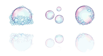 Poster - A collection of six iridescent soap bubbles of varying sizes and shapes on a white background space