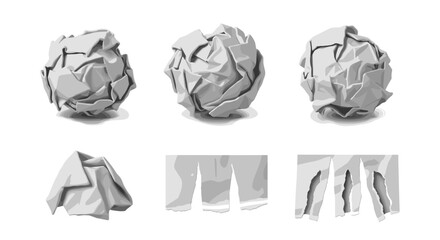 Poster - Illustration of crumpled paper balls and folded paper, rendered in grayscale, on a white background