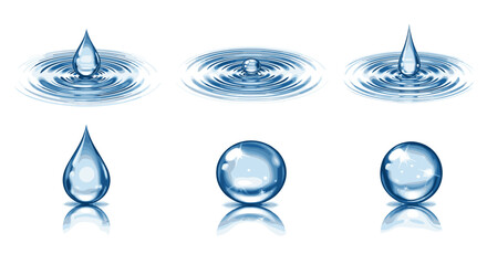 Poster - Illustration of water droplets falling and creating ripples in a pool of water on a white background
