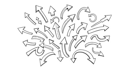 Poster - Collection of hand drawn arrows pointing in various directions in a scattered arrangement on white background