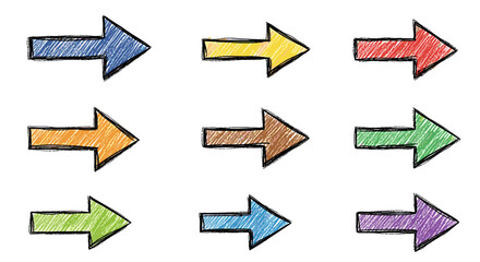 Poster - Illustration of nine colorful sketched arrows pointing right arranged in a three by three grid pattern