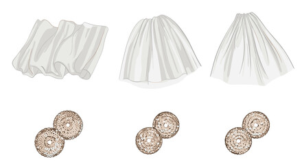 Poster - Three sets of white fabric drapes and two circular objects arranged on a white background surface