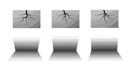 Poster - Three cracked stone blocks with reflections arranged in a row on a white background showing damage