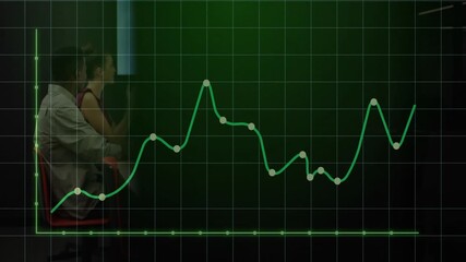 Poster - graph line rising on green grid initiating four colleagues engaging in business discussion at table