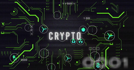Poster - Displaying CRYPTO letters glowing on dark interface, highlighting green circuit traces and icons