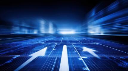 Poster - Motion blur of urban architecture in blue tones with directional arrows depicted