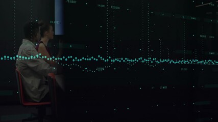 Poster - Overlay flickering revealing colleagues collaborating in business meeting with waveform scrolling