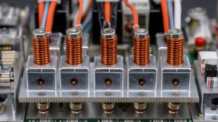 Poster - Precision engineering showcasing copper coils and connectors seamlessly integrated onto a circuit board, highlighting advanced technology and meticulous assembly