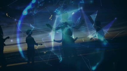 Poster - Group of six friends extending arms at sunset beach, generating network globe for technology demo