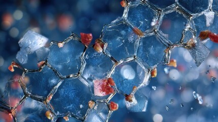 Poster - Microscopic view of ice crystals undergoing microforging, transforming from a solid ice structure to a dense, transparent panel, revealing the molecular transformation process