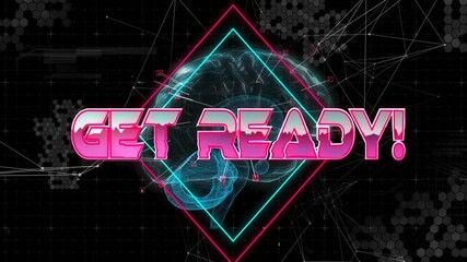 Poster - Neon pink letters sliding across wireframe brain assembling GET READY text signaling data launch