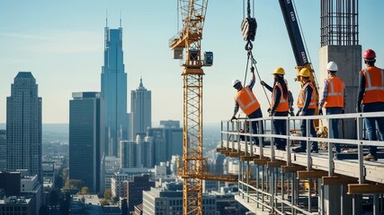 Poster - Construction workers operating crane on partially completed tall building