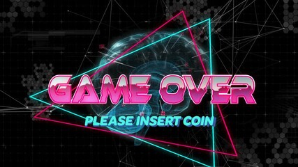 Poster - Brain hologram fading over grid rotating triangles and sweeping GAME OVER text urging insert coin