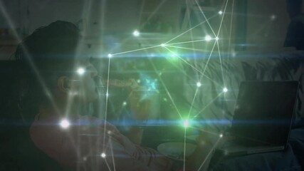Poster - Man sipping mug and typing on laptop at home generating pulsing tech network overlay showing growth