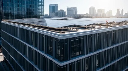 Poster - Rows of photovoltaic solar panels are being installed on a skyscraper rooftop, contributing to renewable energy generation in a bustling city center