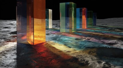 Poster - Colorful lunar reflections and shadows dancing through transparent panels, casting vibrant light and creating mesmerizing visual effects against dark space background