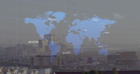 Poster - Blue world map fading in with grid overlay while numeric labels pulsing to visualize data