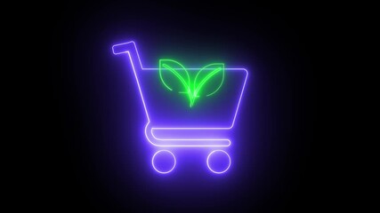 Aufkleber - Neon light effect animation of a shopping cart icon with green leaves.