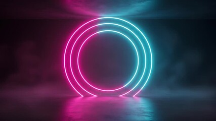 Wall Mural - Glowing circle tunnel emitting fog in dark room. Use Advertising