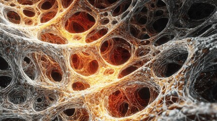 Poster - Microscopic view shows a complex structure of interconnected fibers responding to external stimuli, creating a mesmerizing display of organic movement and transformation