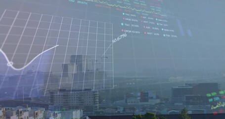 Poster - City skyline initiating grid overlay and plotting rising white line chart showing market trends