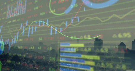Poster - Starting green, red line graphs drawing, candlesticks fading, showing market trends over skyline
