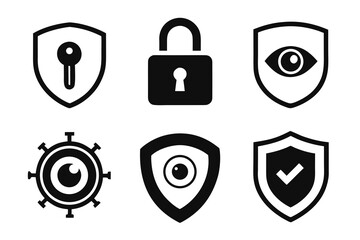 Poster - Collection of black and white security icons representing data protection privacy surveillance and safety including shields keys locks and eyes isolated on a white background