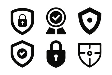 Poster - Set of Black Security Icons on a White Background Featuring Shields Padlocks and Checkmarks for Data Protection Cybersecurity and Trustworthy Systems in a Minimalist Style