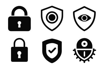 Poster - Collection of Security and Protection Icons in Black and White Includes Padlocks Shields Checkmarks and Eye Symbols for Data Protection and Cybersecurity Concepts