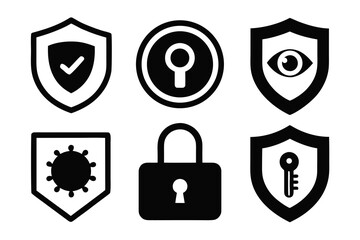 Poster - Set of Black Security Icons on White Background Shields Padlock Keyhole Eye Virus Represents Protection Safety Privacy Security and Cybersecurity in a Simple Modern Style