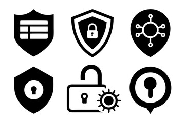 Fototapete - Set of security icons representing data protection cybersecurity and privacy featuring shields locks and network symbols in a clean modern and minimalist design