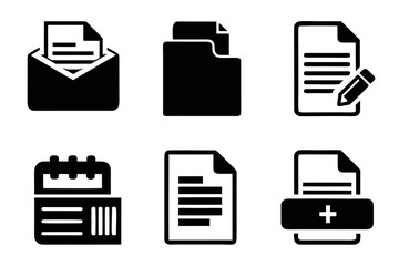 Poster - Set of black vector icons representing documents including an email folder document with pencil calendar single document and a document with a plus sign