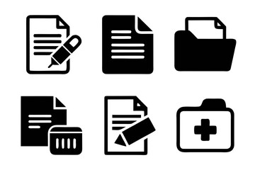 Fototapete - Set of document icons including file editing folder organization data storage and medical records all in a clean minimalist black and white vector style
