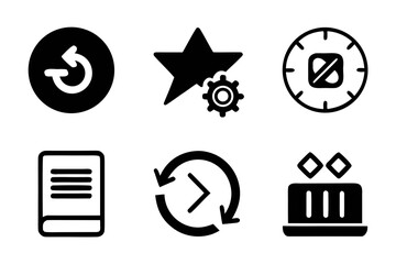 Fototapete - Collection of Black and White Pictogram Icons Representing Different Actions and Objects Including Refresh Star with Gear Clock Book Time Cycle and a Decorative Object