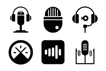 Poster - Collection of podcasting and audio related icons in black and white including microphones headphones sound waves and a mixing board icon for audio production