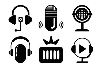 Poster - Set of black and white podcasting icons featuring microphones headphones and audio equipment perfect for representing audio content creation and digital media in a minimalist
