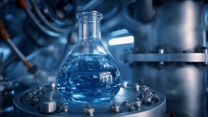 Poster - Glassware containing blue liquid sits on a metal platform inside an industrial laboratory, hinting at chemical research, pharmaceutical production, or scientific experiments