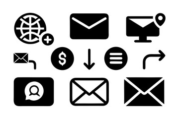 Fototapete - Collection of Black and White Business Icons Including Email Globe Dollar Sign Arrow and Menu for Website Design and Mobile App Development Purposes