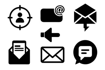 Fototapete - Set of Black and White Communication Icons Including Target Audience Email Address Send Message Open Mail Envelope and Speech Bubble for Web Design and Digital