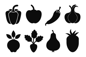 Poster - Black Silhouette Set of Vegetables and Fruit Including Peppers Chili Garlic Turnip Radish Pear and Tomato on a White Background Vector Illustration