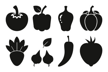 Poster - Set of vegetable icons in black silhouette style Collection of different vegetables such as tomato pepper chili garlic and beetroot for design elements