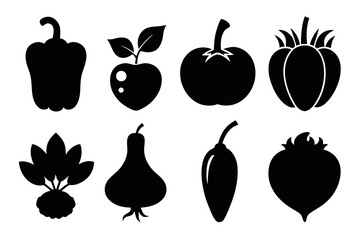 Poster - Black Silhouette Vegetables and Fruits Collection Pepper Tomato Beetroot Pear Chili Apple and Others Isolated on White Background for Culinary and Agricultural Designs