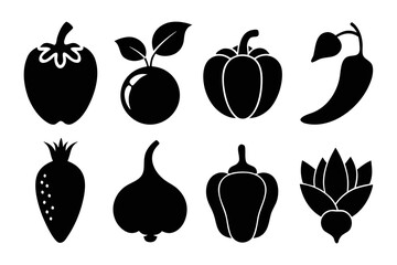 Poster - Black and white vector set of various stylized vegetables and fruits including peppers plums garlic and lotus root perfect for food related designs and culinary