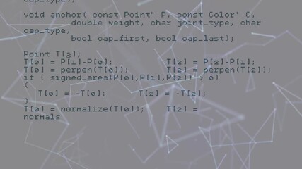 Poster - Opening code snippet animating API calls and geometric functions over glowing node network