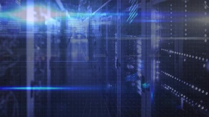 Poster - Lens flares initiating scan, server racks emitting light and showing data overlays visualizing flow