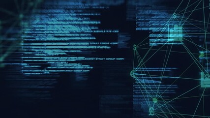 Poster - Blue code intensifying and shifting causing graph nodes lighting icons appearing showing data flow