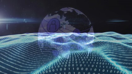 Poster - Binary wave flowing while transparent Earth emerging rotating visualizing digital connections