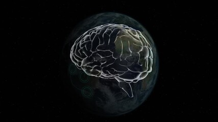 Aufkleber - On star-field reveal, white brain rotating around axis, glowing golden region over Earth backdrop